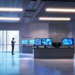 Interior moderno de un centro de innovación tecnológica con estaciones de trabajo y pantallas digitales.