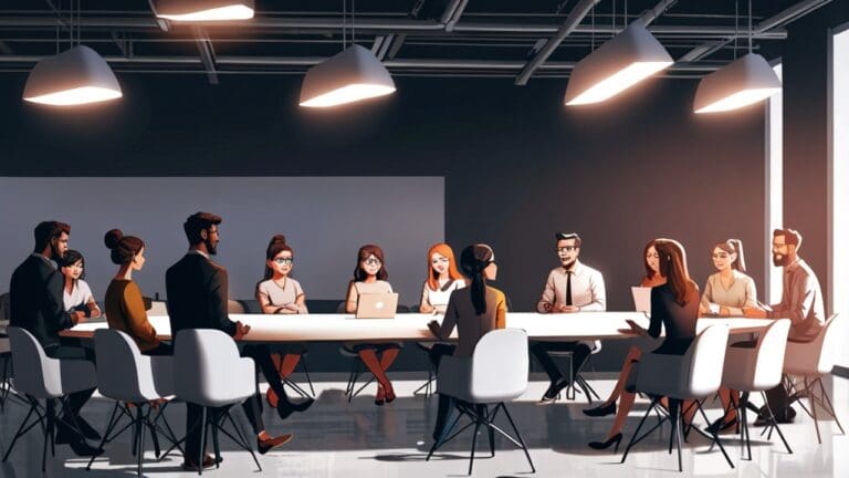 Emprendedores discutiendo ideas innovadoras en una sala de conferencias moderna