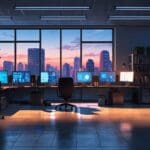 Oficina moderna con computadoras y tecnología avanzada en una ciudad tecnológicamente desarrollada al amanecer