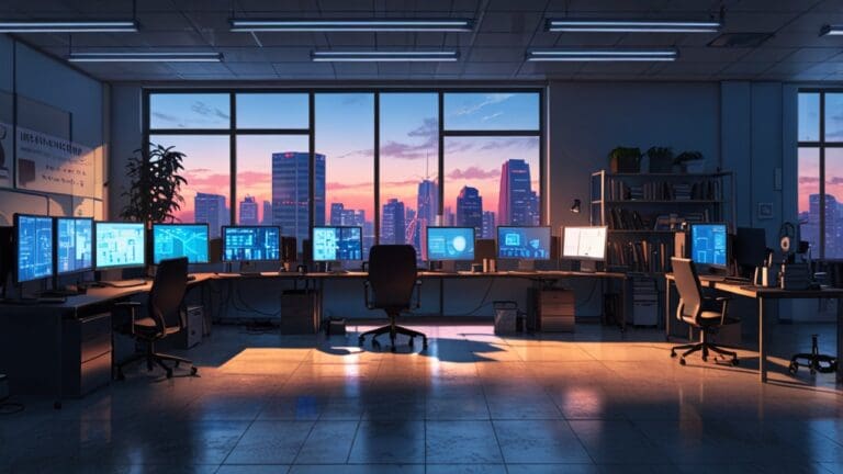 Oficina moderna con computadoras y tecnología avanzada en una ciudad tecnológicamente desarrollada al amanecer