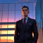 Retrato de un empresario frente a un edificio moderno con fachada de vidrio al atardecer