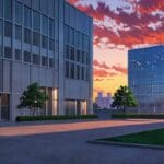 Parque empresarial moderno con edificios tecnológicos y conexión vial al atardecer