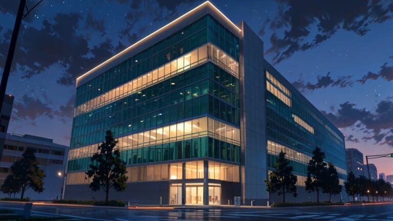 Edificio moderno de oficinas tecnológicas con iluminación nocturna, destacando actividad empresarial