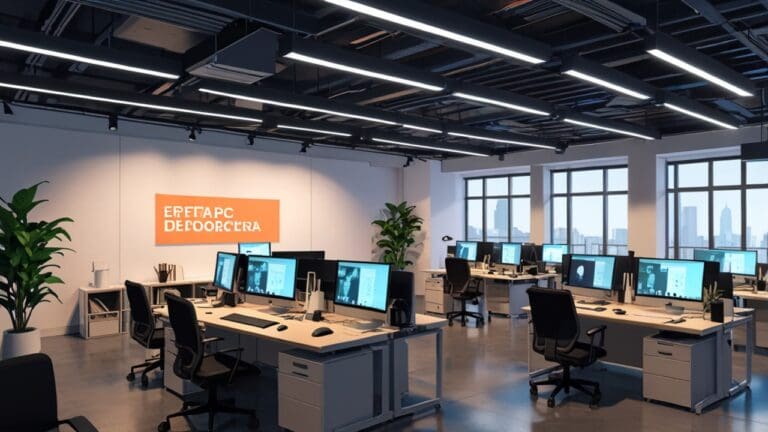 Interior moderno de oficina startup con escritorios y ordenadores en un ambiente vibrante de innovación