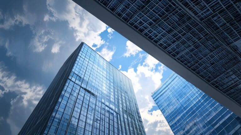 Vista aérea de un moderno edificio tecnológico bajo un cielo despejado