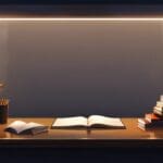 Libros abiertos en una mesa moderna en un entorno de oficina tecnológica con luz natural