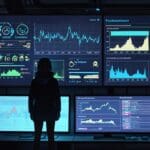 Interiores de una startup tecnológica con pantallas de computadoras mostrando análisis de datos de inteligencia artificial