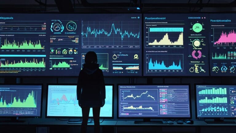 Interiores de una startup tecnológica con pantallas de computadoras mostrando análisis de datos de inteligencia artificial