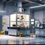 Laboratorio de impresión 3D de órganos con equipo tecnológico avanzado y luz neutra.