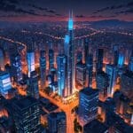 Vista aérea de una ciudad moderna con rascacielos tecnológicos y centros de negocios al amanecer