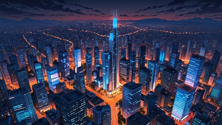 Vista aérea de una ciudad moderna con rascacielos tecnológicos y centros de negocios al amanecer