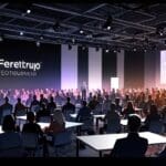 Panorámica de un evento tecnológico con startups exhibiendo sus innovaciones.