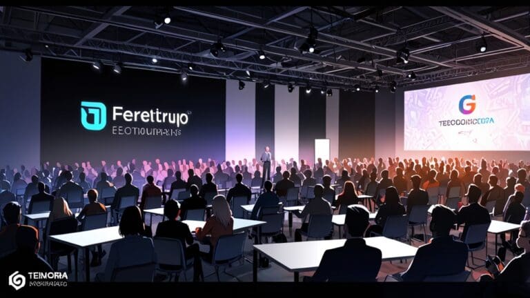 Panorámica de un evento tecnológico con startups exhibiendo sus innovaciones.