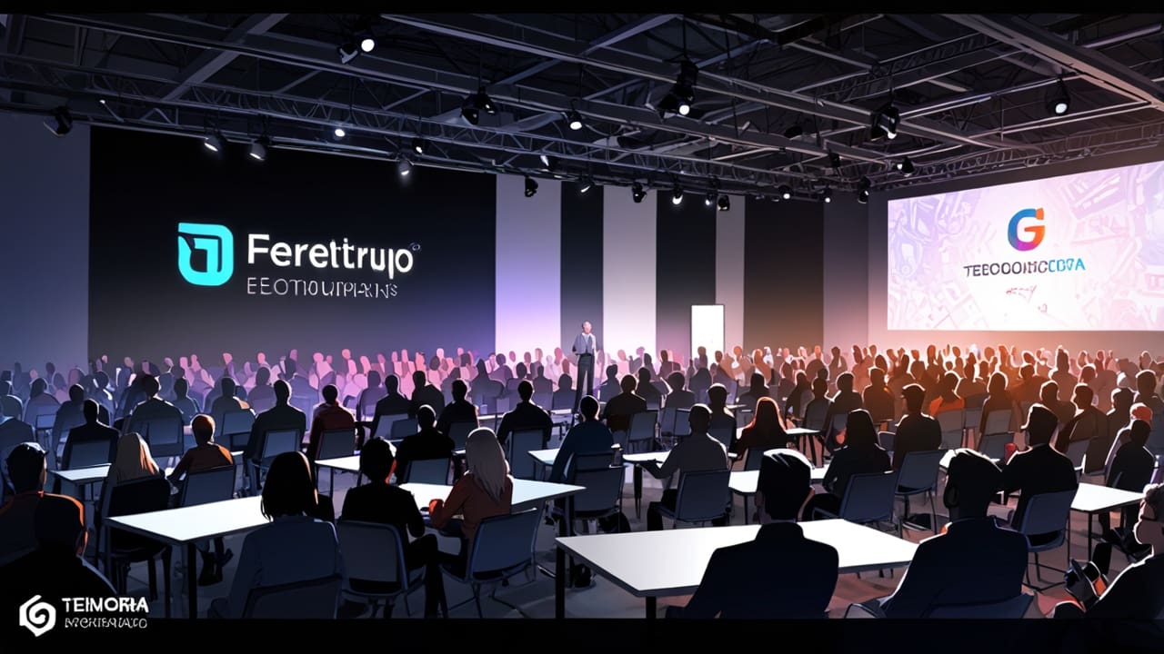 Panorámica de un evento tecnológico con startups exhibiendo sus innovaciones.