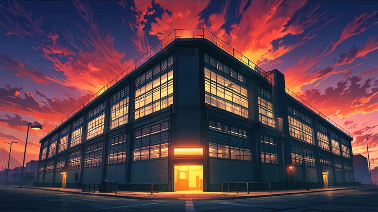 Centro de datos futurista con luces LED en un entorno industrial al atardecer