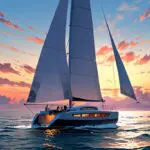 Velero moderno navegando en alta mar al amanecer, con un diseño futurista y ecológico