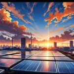 Vista moderna de un centro de innovación tecnológica con paneles solares al amanecer
