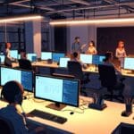 Oficina moderna con equipo de startup tecnológica trabajando en computadores