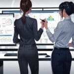 Oficina moderna con pantallas mostrando gráficos de software y automatización