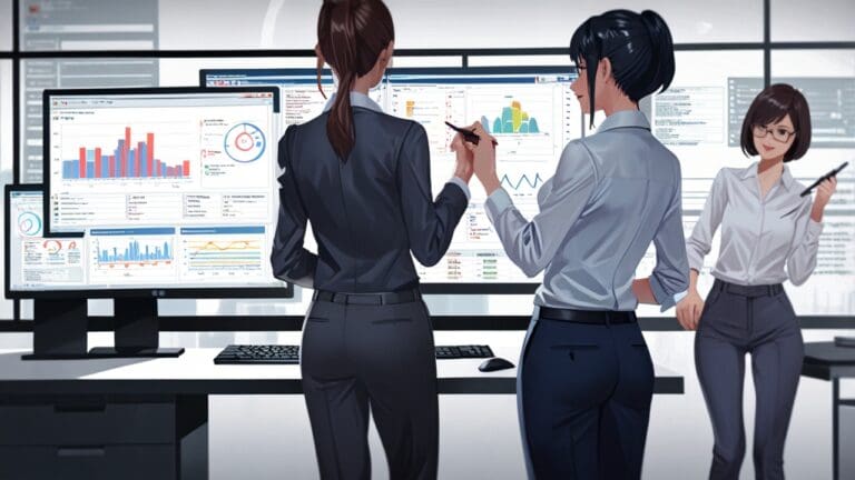 Oficina moderna con pantallas mostrando gráficos de software y automatización