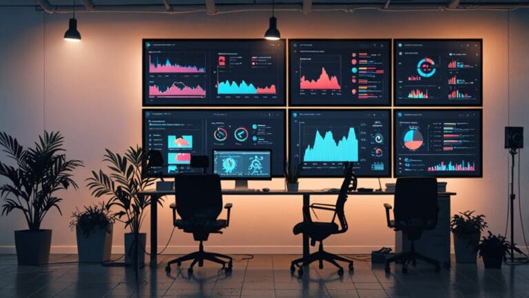 Oficinas de una startup de tecnología con pantallas que muestran gráficos de IA.