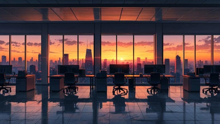 Oficinas modernas de una empresa tecnológica al atardecer