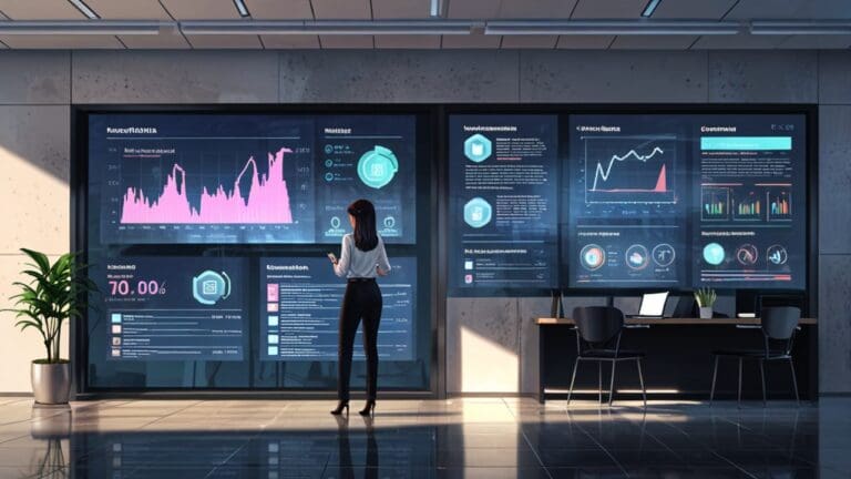 Oficina moderna con tecnología avanzada y pantallas interactivas mostrando datos empresariales