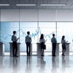 Oficinas modernas con pantallas mostrando gráficos de crecimiento empresarial