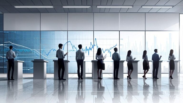 Oficinas modernas con pantallas mostrando gráficos de crecimiento empresarial