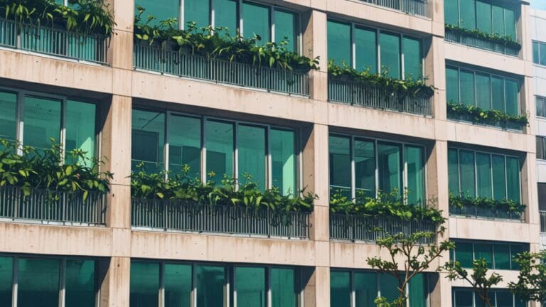 Imagen de un moderno edificio de oficinas tecnológicas rodeado de plantas de microalgas en un día soleado