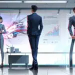 Oficina moderna con pantallas mostrando gráficos digitales futuristas