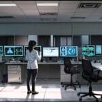 Vista moderna de una oficina tecnológica con computadoras y pantallas mostrando datos médicos en Israel