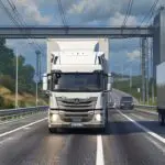 Vehículo bimodal en una carretera junto a vías férreas en un entorno industrial moderno