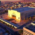 Vista aérea de un moderno centro de conferencias en Valencia al atardecer.