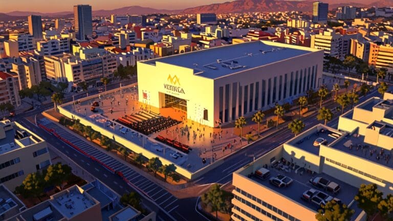 Vista aérea de un moderno centro de conferencias en Valencia al atardecer.