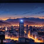 Oficina moderna con tecnología avanzada y vistas de Santiago de Chile al amanecer
