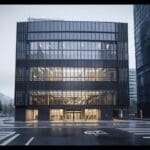 Edificio moderno y corporativo con temática tecnológica en una ciudad europea