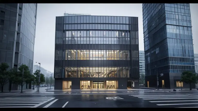 Edificio moderno y corporativo con temática tecnológica en una ciudad europea