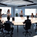 Oficina moderna con equipos tecnológicos y una junta directiva en discusión