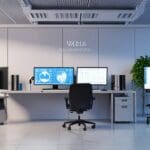 Oficina moderna con computadoras y gráficos de salud en pantalla, ambiente tecnológico y profesional.