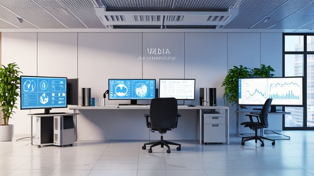 Oficina moderna con computadoras y gráficos de salud en pantalla, ambiente tecnológico y profesional.