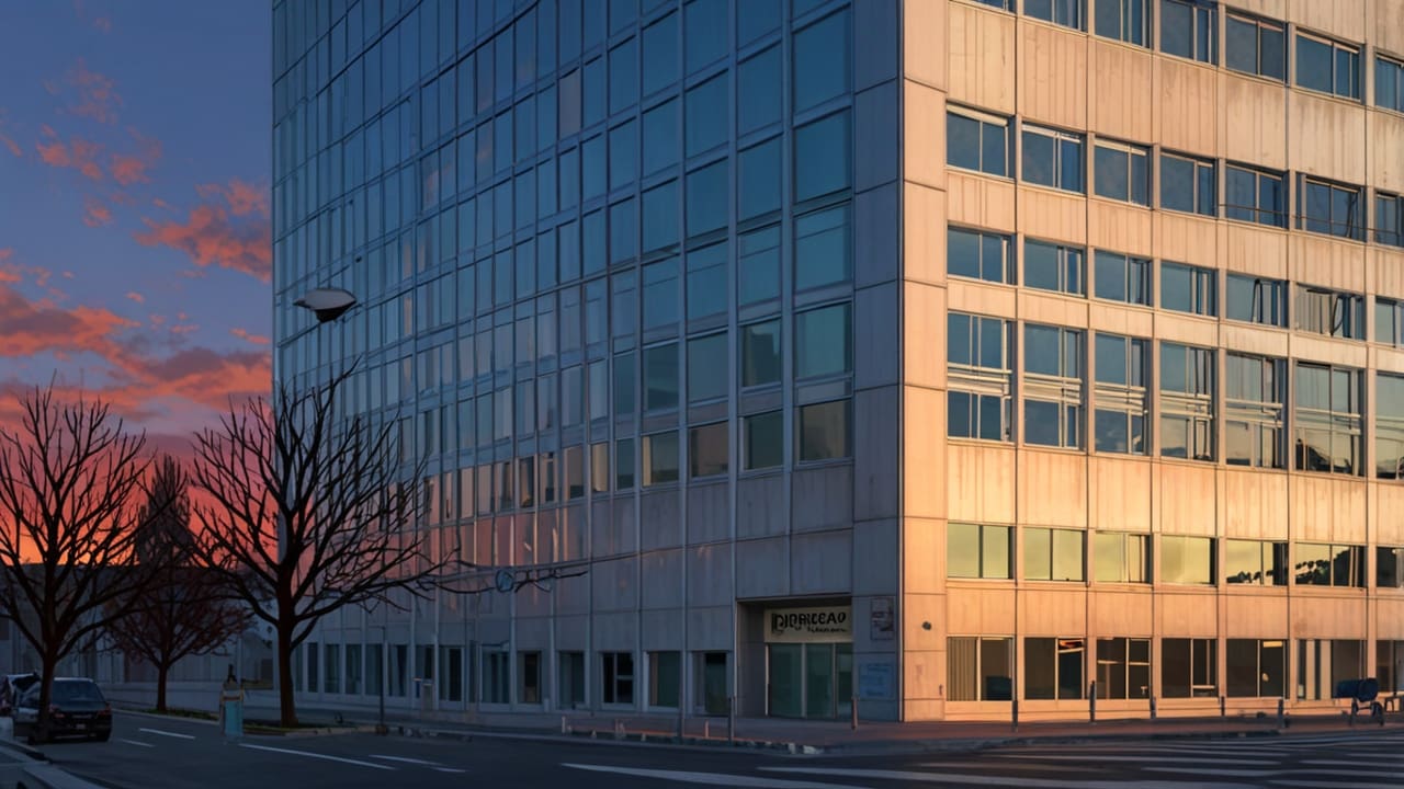 Fachada de un moderno edificio de oficinas en Santiago al atardecer, con una estética tecnológica y vanguardista.