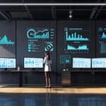 Interior de oficina moderna con pantallas mostrando gráficos de datos y tecnología avanzada