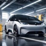 Fábrica moderna de automóviles eléctricos con un vehículo en primer plano y ambiente futurista