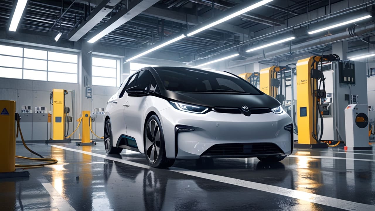 Fábrica moderna de automóviles eléctricos con un vehículo en primer plano y ambiente futurista