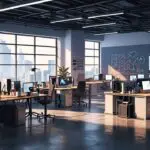 Oficinas de una startup tecnológica moderna y pulcra con ordenadores y pantallas mostrando gráficos