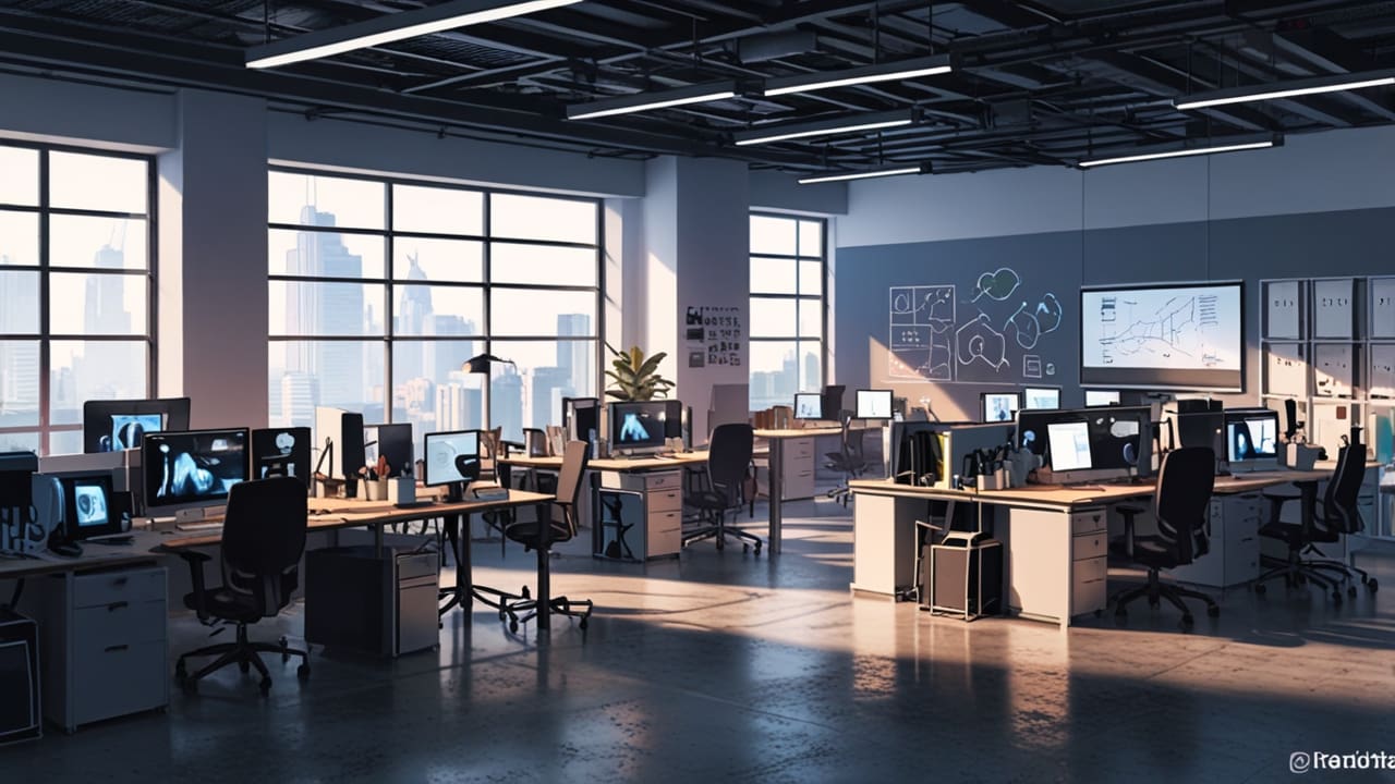 Oficinas de una startup tecnológica moderna y pulcra con ordenadores y pantallas mostrando gráficos