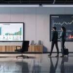 Oficina moderna con pantallas de datos y gráficos financieros en un ambiente corporativo
