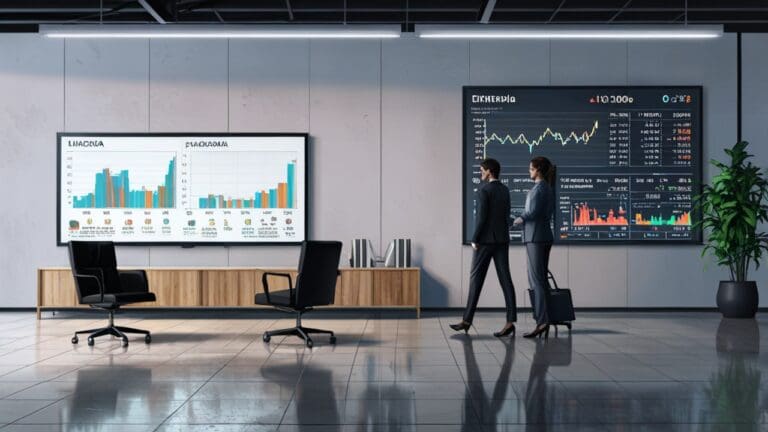 Oficina moderna con pantallas de datos y gráficos financieros en un ambiente corporativo