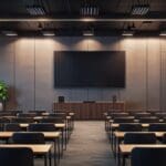 Sala de conferencias moderna con pantalla grande y ambiente tecnológico